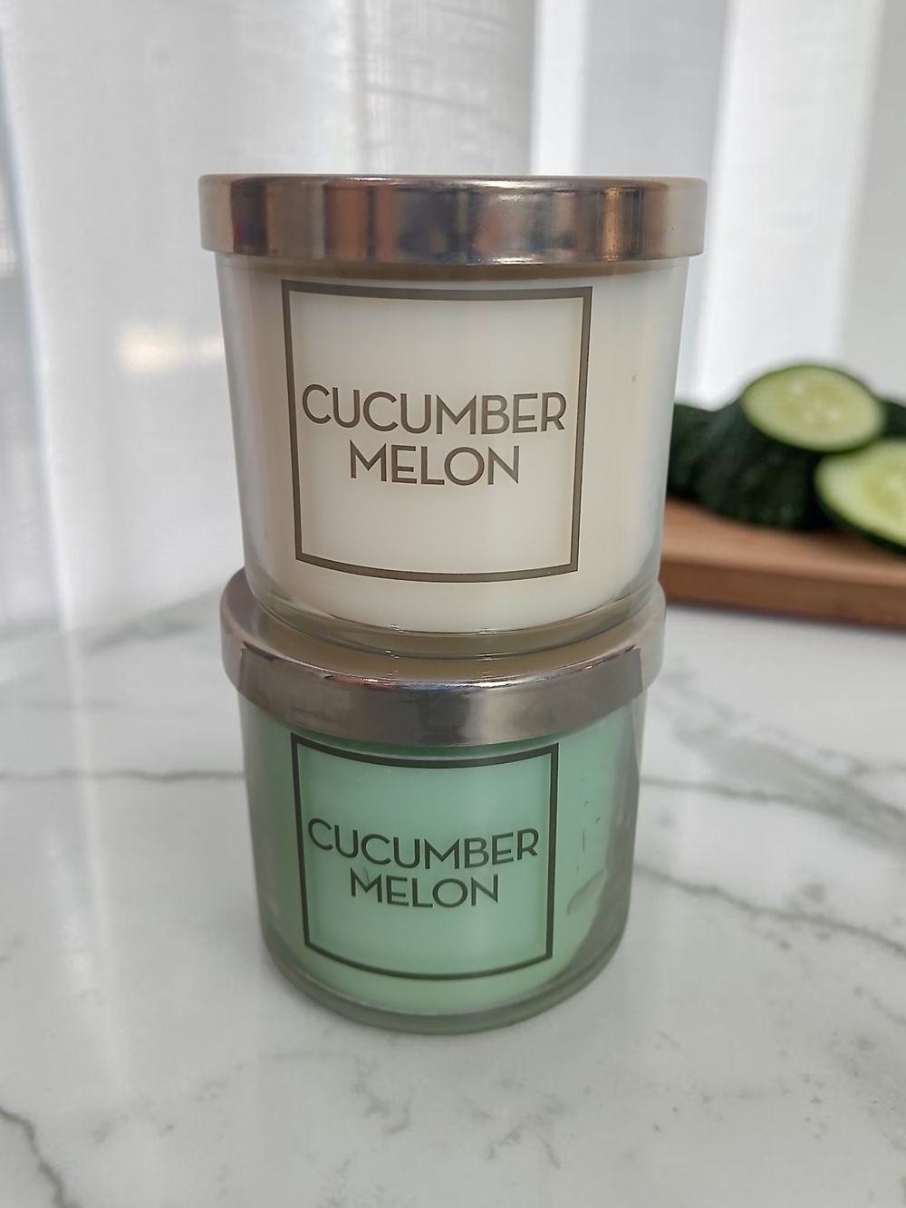 Bath & Body Works Cucumber Melon White & Light Green Candle Duo